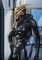 alien balls_outline bodysuit bulge cierras clothed clothing erection erection_under_clothing genital_outline hand_on_hip hi_res looking_at_viewer male mass_effect penis_outline red_eyes skinsuit solo standing tight_clothing turian video_games vocus_salvinian