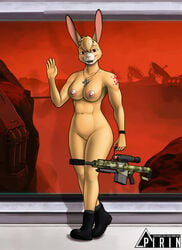 abs anthro assault_rifle barely_visible_genitalia barely_visible_pussy boots breasts clothing cross daisy_(doom) dog_tags doom female footwear fur genitals gun hair hi_res holding_gun holding_object holding_weapon id_software jewelry looking_at_viewer mostly_nude naked_boots naked_footwear necklace nipples nude pirin-apex pussy ranged_weapon smile solo tattoo text url video_games waving_at_viewer weapon