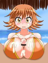 1boy 1girls alternate_breast_size animated beach big_breasts bikini bikini_top blush breasts censored cum cum_between_breasts cum_on_breasts ejaculation ejaculation_between_breasts female gif honda_mio huge_breasts idolmaster idolmaster_cinderella_girls large_breasts looking_at_viewer male orange_bikini orange_bikini_top orange_swimsuit paizuri paizuri_lead_by_female paizuri_on_lap pov pov_eye_contact pov_paizuri projectile_cum straight swimsuit torimochi