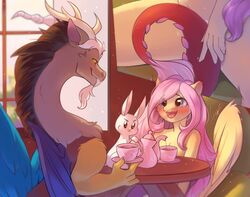 angel_(mlp) anthro beverage blush chimera cup discord_(mlp) draconequus equid equine eye_contact female feral fluttershy_(mlp) friendship_is_magic group lagomorph leporid litte looking_at_another male mammal my_little_pony nude peachmayflower pegasus prehensile_tail rabbit sex stealth_sex straight strategically_covered tail_fetish tail_play tail_sex tea tea_cup teapot under_the_table wings