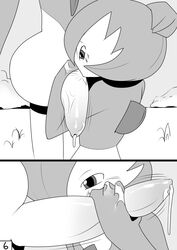 2013 anthro big_penis blush bodily_fluids comic duo erection female gallade gardevoir genital_fluids genitals greyscale hand_on_head handjob male monochrome motion_lines nintendo outside penile penis penis_grab pokémon_(species) pokemon pokemon_(species) precum precum_drip sex standing straight tapering_penis video_games yuu_h