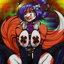 1:1 2016 anthro areola between_breasts blue_hair breasts brown_body brown_fur canid canine clothing covering covering_self crystal-for-ever female fox fur graffiti green_eyes guitar hair hi_res holding_musical_instrument holding_object legwear licking licking_lips mammal mostly_nude musical_instrument nipple_outline nipple_tape open_mouth pasties plucked_string_instrument self_lick smile solo spread_legs spreading string_instrument stripes tape tongue tongue_out tuft