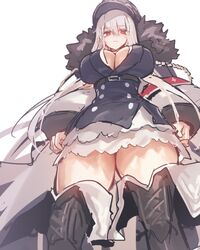 big_breasts cleavage coat girls'_frontline hat huge_breasts kar98k_(girls_frontline) looking_at_viewer looking_down melon22 military_uniform muscular_thighs red_eyes silver_hair skirt thick_thighs thighhighs