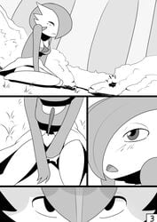 1boy 1girls 2013 ambiguous_gender anthro being_watched blush breasts chest_spike closed_eyes comic eyes_in_darkness female gallade gardevoir grass greyscale hiding kneeling looking_at_another looking_up masturbation monochrome nintendo open_mouth outside plant pokémon_(species) pokemon pokemon_(species) solo_focus spikes spikes_(anatomy) vaginal_masturbation vaginal_penetration video_games yuu_h