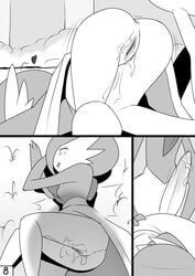 1boy 1girls 2010s 2013 anthro ass_up big_penis blush bodily_fluids breasts chest_spike closed_eyes comic duo erection excessive_pussy_juice female gallade gardevoir genital_fluids genitals grass greyscale head_down_ass_up heart humanoid imminent_penetration imminent_sex lying male monochrome nintendo on_side open_mouth outside penis plant pokémon_(species) pokemon pokemon_(species) precum precum_on_penis pussy pussy_juice pussy_juice_on_leg pussy_juice_on_pussy spikes spikes_(anatomy) standing straight tapering_penis video_games yuu_h