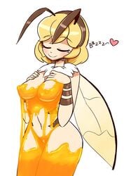 anthro bee bee_girl blonde blonde_hair blush bzzz collar covered_in_honey eyes_closed female fuze headband heart honey insect partially_clothed smile solo solo_female tagme text unknown_artist wings