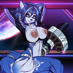 1:1 2016 anthro areola blue_body blue_fur blue_hair breasts canid canine clothed clothing crystal-for-ever female fox fur gatling_gun green_eyes gun hair hi_res krystal long_hair machine_gun mammal nintendo nipples pink_nipples raised_arm ranged_weapon shirt smile solo star_fox teeth tight_clothing topless topwear video_games weapon