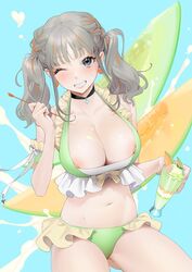 1girls areola_slip arm_garter bangs big_breasts bikini blush breasts choker comic_grape eyelashes female female_only food frilled_bikini frills fruit_background green_bikini grey_eyes grin heart heart_choker highres ice_cream large_breasts long_hair looking_at_viewer multicolored_hair muskmelon navel nipple_slip nipples ohisashiburi one_eye_closed original revealing_clothes silver_hair smile solo solo_female spoon sundae swimsuit twintails two-tone_hair