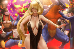 2020 4boys 4girls abs absurdres armpits big_breasts black_dress blonde blonde_female blonde_hair breasts cleavage closed_eyes collar cynthia_(pokemon) dress female garchomp grey_eyes heart heart-shaped_pupils high_resolution highres jewelry limgae looking_at_viewer lucario multiple_boys multiple_girls navel nintendo no_bra no_panties open_mouth partially_nude pokemon pokemon_(species) pokemon_champion pokemon_dppt ponytail smile solo_focus spiritomb symbol-shaped_pupils