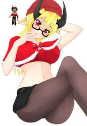 1girls animal_ears aoitamon beanie big_breasts black_glasses black_legwear black_skirt blonde_hair blush breasts capelet christmas christmas_outfit clothed clothed_female clothing crop_top crossed_legs demon_horns ear eyebrows_visible_through_hair female female_focus female_only glasses hand_behind_head hat horns legwear long_hair looking_at_viewer momo_(aoitamon) original_character pale-skinned_female pale_skin pantyhose red_beanie red_clothing red_eyes red_hat roblox roblox_avatar sitting skirt solo solo_female stomach thighs topwear white_background