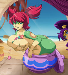 2girls big_breasts big_butt female female_only multiple_girls peeking_out purple_hair red_hair shantae shantae_(character) smooth_skin snake_girl solo_focus tight tuki_(shantae)