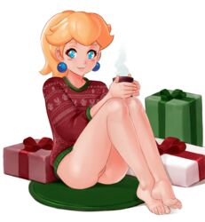 1girls ass bangs bare_legs barefoot blonde_hair blue_eyes blush blush_stickers bottomless christmas christmas_present christmas_sweater clothing drink earrings exposed_pussy feet female female_only front_view full_body gift hairless_pussy holding_drink holidays hot_drink human long_hair looking_at_viewer mario_(series) nintendo no_panties ponytail princess_peach pussy pussy_peek simple_background sitting smile solo squeezable sweater tied_hair toes white_background