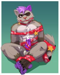 4:5 anthro balls bodily_fluids christmas_decorations coffeecat4321 cum digital_media_(artwork) erection fur genital_fluids genitals gift hair kemono looking_at_viewer male mammal muscular muscular_anthro muscular_male nude penis procyonid raccoon simple_background smile solo