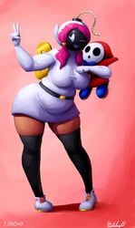 1boy 1boy1girl 1girls belly bob-omb bowtie brown_skin chubby couple fuse height_difference large_breasts love mario_(series) mask mataknight outta_sync pat(outta_sync) sagging_breasts shy-bomb shy_gal shy_guy size_difference wide_hips