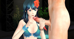 1girls 3d alternate_costume asian asian_female big_penis bikini blue_bikini blue_eyes blue_hair fire_emblem hair_flower handjob medium_breasts mikey_obscurest nintendo oribe_tsubasa pale-skinned_male pale_skin small_breasts swimsuit tokyo_mirage_sessions_#fe