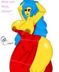 alternate_breast_size blue_hair breasts dress female_focus hair_down hands_behind_head homer_simpson huge_breasts hyper hyper_breasts lewdxt marge_simpson milf nipple_piercing puffy_breasts red_dress shiny_dress solo the_simpsons thick_thighs wide_hips