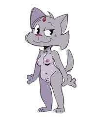 2019 anthro breasts colored_sketch domestic_cat felid feline felis female full-length_portrait fur genitals grey_body grey_fur katrina_(the_fuzzy_princess) mammal nipples nude portrait pussy samoyena smile solo standing the_fuzzy_princess