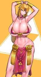 1girls alternate_breast_size armpits arms_above_head bead_necklace belly belly_dancer belly_dancer_outfit blonde_hair blue_eyes bracelets breasts_bigger_than_head circlet deep_skin female_only harem_outfit hourglass_figure huge_breasts hylian hyper_breasts large_breasts loincloth long_hair looking_at_viewer nintendo pointy_ears princess_zelda royalty skindentation solo staring_at_viewer the_legend_of_zelda voluptuous wide_hips wolffeld_price zelda_(a_link_between_worlds)