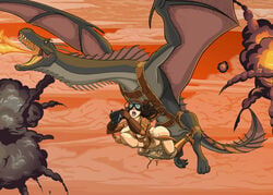 1girls aviator aviator_cap aviator_goggles aviator_jacket beast belly_bulge belly_riding black_hair blue_eyes boots camera dragon dragon_rider e-ward fanny_packing fire flying flying_sex flying_wyvern large_insertion open_jacket open_mouth pants_around_ankles pants_down saddle size_difference stomach_bulge wyvern zoophilia