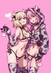 1boy 1girls androgynous astolfo_(fate) bisexual blonde_hair both_sexes_in_same_situation braided_hair breasts bulge cow_bikini cow_ears cow_horns cow_print fate/grand_order fate_(series) female femboy girly hej jeanne_d'arc_(fate) long_hair male milk_bottle penis_bulge pink_background pink_hair standing thighs