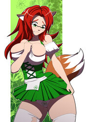 1girls anthro anthrofied ass ass_expansion bare_shoulders big_ass big_breasts big_butt breast_expansion breasts butt butt_expansion canine cleavage clothed clothes clothing dress expansion eyebrows eyelashes female female_only fox_ears fox_tail front_view glasses green_background green_dress green_eyes growth hips huge_ass huge_breasts huge_butt humanoid kojiro-brushard large_ass large_breasts large_butt looking_down mammal nervous original original_character panties red_hair simple_background solo solo_female standing thick thick_ass thick_thighs thighs torn_clothes torn_clothing transformation underwear voluptuous wardrobe_malfunction white_background wide_hips worried