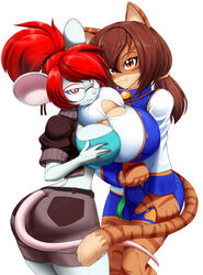 2girls anthro asymmetrical_docking breast_grab breasts bursting_breasts cleavage feline huge_breasts kojiro-brushard mouse multiple_girls original original_character self_fondle white_background yuri