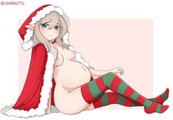 1girls areolae artist_name big_breasts blonde_hair blush breasts cape christmas female female_only green_eyes huge_belly large_breasts looking_at_viewer navel nipples pointy_ears pregnant ready_to_pop simple_background sitting solo stockings vanabette