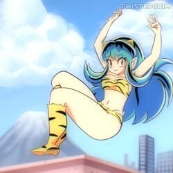 1girls 2d 2d_animation animated armpits blue_hair city city_background color colored female flying long_hair looking_at_viewer lum mp4 no_sound shorter_than_10_seconds shorter_than_30_seconds skimpy sky smile smooth_animation solo tagme twistedgrim urusei_yatsura video