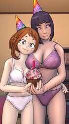 2girls 3d abs age_difference big_breasts birthday birthday_hat blue_hair blush bob_cut boruto:_naruto_next_generations bra breast_size_difference breasts brown_eyes brown_hair cleavage crossover cupcake cute female female_focus female_only hand_on_hip height_difference hyuuga_hinata indoors legs lingerie locopo looking_at_viewer mature mature_female milf my_hero_academia nail_polish naruto naruto_(series) ochako_uraraka older_female pale-skinned_female pale_skin panties pink_nail_polish pink_nails pose posing purple_bra purple_eyes purple_panties purple_underwear short_hair size_difference small_breasts smile smiling standing thighs underwear violet_eyes white_bra white_panties white_underwear younger_female