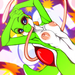 1:1 2017 anthro anthrofied blue_eyes breasts crystal-for-ever dinosaur eyeshadow female green_body green_skin green_yoshi hi_res long_tongue looking_at_viewer makeup mario_(series) navel nintendo non-mammal_breasts nude open_mouth raised_arm reptile scalie shell smile solo tongue tongue_out video_games white_body white_skin yoshi