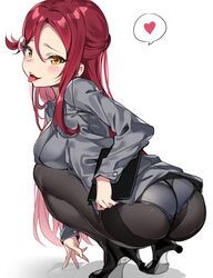 absurd_res amber_eyes blush fully_clothed love_live! love_live!_sunshine!! open_eyes open_mouth panties_under_pantyhose pantyhose red_hair sakurauchi_riko squatting tem10 tongue tongue_out white_background yellow_eyes