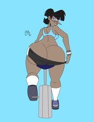 animaniacs animaniacs_(2020) ass big_ass bubble_butt dark-skinned_female dark_skin exercise_bike female frostbiteboi glasses going_commando huge_ass looking_at_viewer looking_back mooning nora_rita_norita patreon_reward pointy_nose seductive smelly_ass tagme