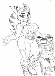 1girls alien_girl angela_cross anthro arched_back belt big_breasts black_and_white blue_eyes boots breasts clothing curvaceous curvy curvy_figure doodle feline female female_only fur furry gloves gun hands_up hips jumpsuit navel omegasunburst ponytail ratchet_and_clank sketch solo solo_female solo_focus stripes thick thick_thighs thighs voluptuous weapon wide_hips