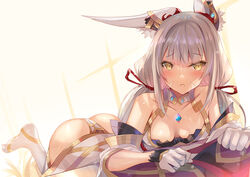 1girls animal_ears ass backlighting bangs bare_shoulders bed blush breasts chest_jewel detached_sleeves eyebrows_visible_through_hair facial_mark female gloves highleg highleg_leotard hinot leotard long_hair looking_at_viewer low_twintails lying medium_breasts nia nia_(blade) nia_(xenoblade) nintendo open_mouth ribbon silver_hair spoilers symbol-shaped_pupils twintails very_long_hair xenoblade_(series) xenoblade_chronicles_2 yellow_eyes