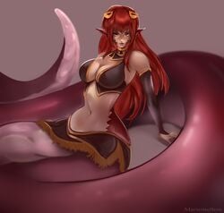 1girls amber_eyes belly cleavage fully_clothed lamia large_breasts long_hair looking_at_viewer marwmellow miia_(monster_musume) miniskirt monster_girl monster_musume_no_iru_nichijou pointy_ears red_hair simple_background snake_girl