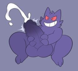 1boy anthro balls big_balls big_penis birdvian blush bodily_fluids cum cumshot ejaculation gengar genital_fluids genitals ghost hi_res male male_only masturbation nintendo penile penile_masturbation penis pokémon_(species) pokemon simple_background solo spirit spread_legs spreading video_games