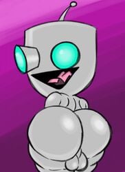 2020 ass backsack balls big_butt blue_eyes butt_focus filthyopossum genitals gir_(invader_zim) glistening glistening_butt grey_balls grey_body grey_butt hi_res invader_zim looking_back machine male nickelodeon nude open_mouth purple_background robot simple_background solo solo_male standing tongue