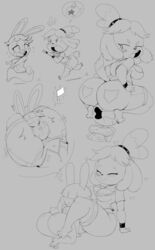 animal_crossing anthro ass belly belly_button big_ass big_breasts big_butt bonbon_(animal_crossing) breasts butt_pockets canid canine chubby cleavage denim face_sitting facesitting female female_focus female_only huge_ass huge_butt huge_thighs isabelle_(animal_crossing) jean_shorts jeans monochrome nintendo purple_yoshi_draws short_shorts shorts shortstack sketch thick_thighs tight_clothing year_request