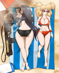 2girls akiko_(kojiro-brushard) ass beach bikini black_hair blonde_hair breast_press closed_eyes huge_ass huge_breasts kojiro-brushard laying_down laying_on_stomach lessien_(jtd) long_hair multiple_girls original original_character towel twintails