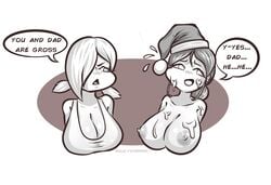 2girls breasts busty cheating_wife christmas comic cum dialogue english_text female lily_(riukykappa) marian_(riukykappa) mother multiple_girls riukykappa sister speech_bubble upper_body