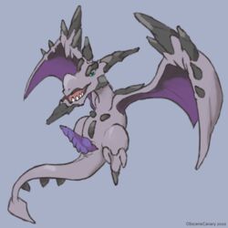 1:1 aerodactyl anus feral fossil_pokémon genitals looking_at_viewer male mega_aerodactyl mega_evolution nintendo obscenecanary penis pokémon_(species) pokemon purple_body rock solo spade_tail unusual_genitalia unusual_penis video_games wings