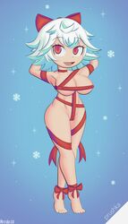 1girls :d areolae big_breasts bow breasts christmas female female_only full_body gift_wrapped green_hair hand_behind_head light_skin made_in_abyss mrcrabx10 prushka pussy pussy_visible_through_clothes raised_arm red_eyes white_hair