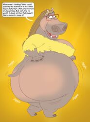 after_transformation big_hero_6 blonde_hair crossover dialogue_box dreamworks fat furry glasses gloria_the_hippopotamus hippo hippopotamus honey_lemon madagascar_(series) overweight ripped_clothing saturnxart simple_background transformation wardrobe_malfunction weight_gain what