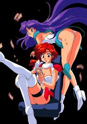 2girls 90s :p armor ass bare_arms bare_shoulders bent_over black_background boots breasts chair cleavage clothed clothing coin eyebrows_visible_through_hair female female_only floating_hair gloves high_heel_boots high_heels highres holding_money isono_satoshi kate_(viper) leotard long_hair matching_hair/eyes medium_breasts money multiple_girls official_art purple_eyes purple_hair red_eyes red_hair shoulder_pads simple_background single_glove sitting smile sogna standing stockings thigh_strap thighhighs thighs tongue tongue_out tubetop viper_(series) viper_v12 white_clothing white_gloves white_leotard wristband yuria_(viper)