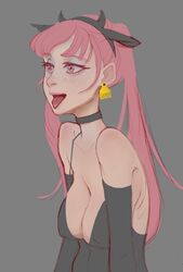 cleavage collar cow_ears cow_girl cow_horns cow_print cowbell ear_piercing ear_tag fire_emblem fire_emblem:_three_houses hilda_valentine_goneril large_breasts nintendo nipple_bulge number_tag pink_eyes pink_hair saliva tongue tongue_out