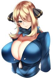 1girls big_breasts blonde_hair blush clothed clothed_female cynthia_(pokemon) eye_contact female hair_ornament huge_breasts large_breasts long_hair looking_at_viewer nintendo pokemon pokemon_dppt smile solo tea_texiamato white_background