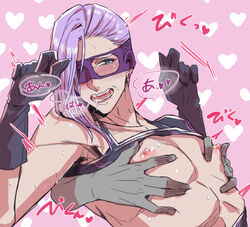 2boys blush drooling earrings erect_nipples gay gloves grabbing_from_behind hands_up heart-shaped_pupils jojo's_bizarre_adventure long_hair looking_pleasured male_only mask melone nipple_play nipple_rub nipple_tweak purple_hair solo_focus toned toned_male vento_aureo yaoi