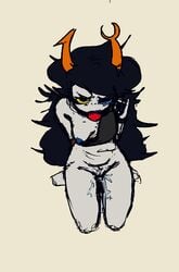 ball_gag beige_background black_hair blue_nipples grey_skin homestuck horns kneeling long_hair messy_hair simple_background sketch swuswi vriska_serket yellow_eyes