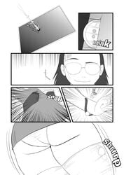 1girls breast_expansion bursting_breasts comic english_text female female_only giantess growth huge_breasts kojiro-brushard monochrome original original_character ponytail solo solo_female text torn_clothes wardrobe_malfunction