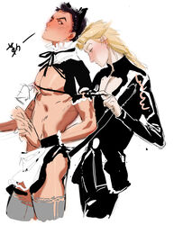 2boys big_pecs blush bubble_butt cat_ears cat_tail catboy crossdressing dressing embarrassed erect_nipples gay giorno_giovanna guido_mista jojo's_bizarre_adventure looking_back maid_uniform male male_only partially_clothed pecs skimpy thighhighs toned toned_male vento_aureo yaoi